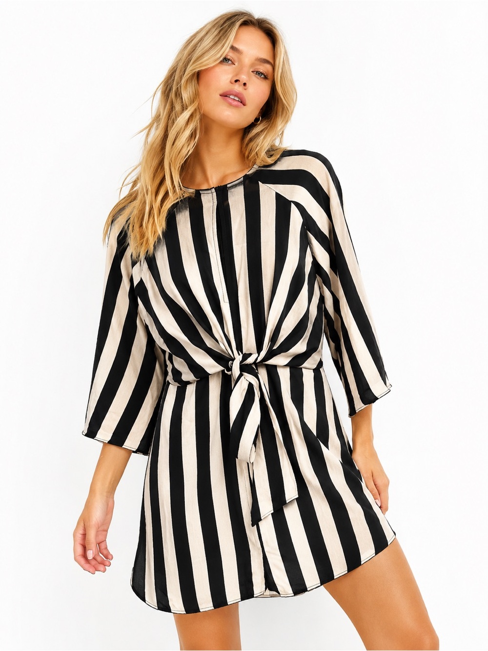 Top Shop Size 8‎ Black and Cream Vertical Stripe Tie-Front Dress